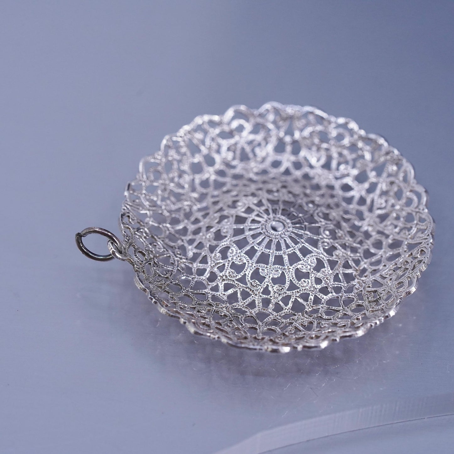 vintage sterling silver handmade charm, 925 filigree circle pendant