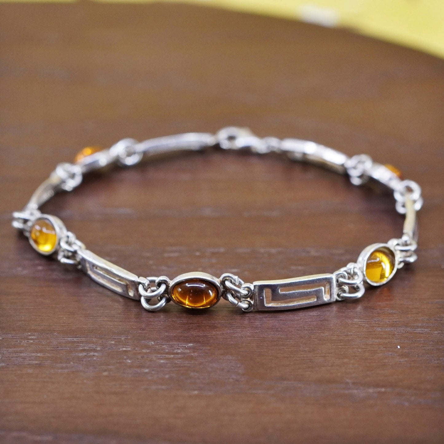 7.5”, vintage Sterling 925 silver handmade Greek key pattern bracelet w/ amber