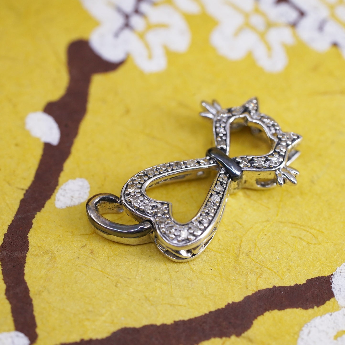 Vintage Sterling silver handmade pendant, 925 cat kitty with diamonds