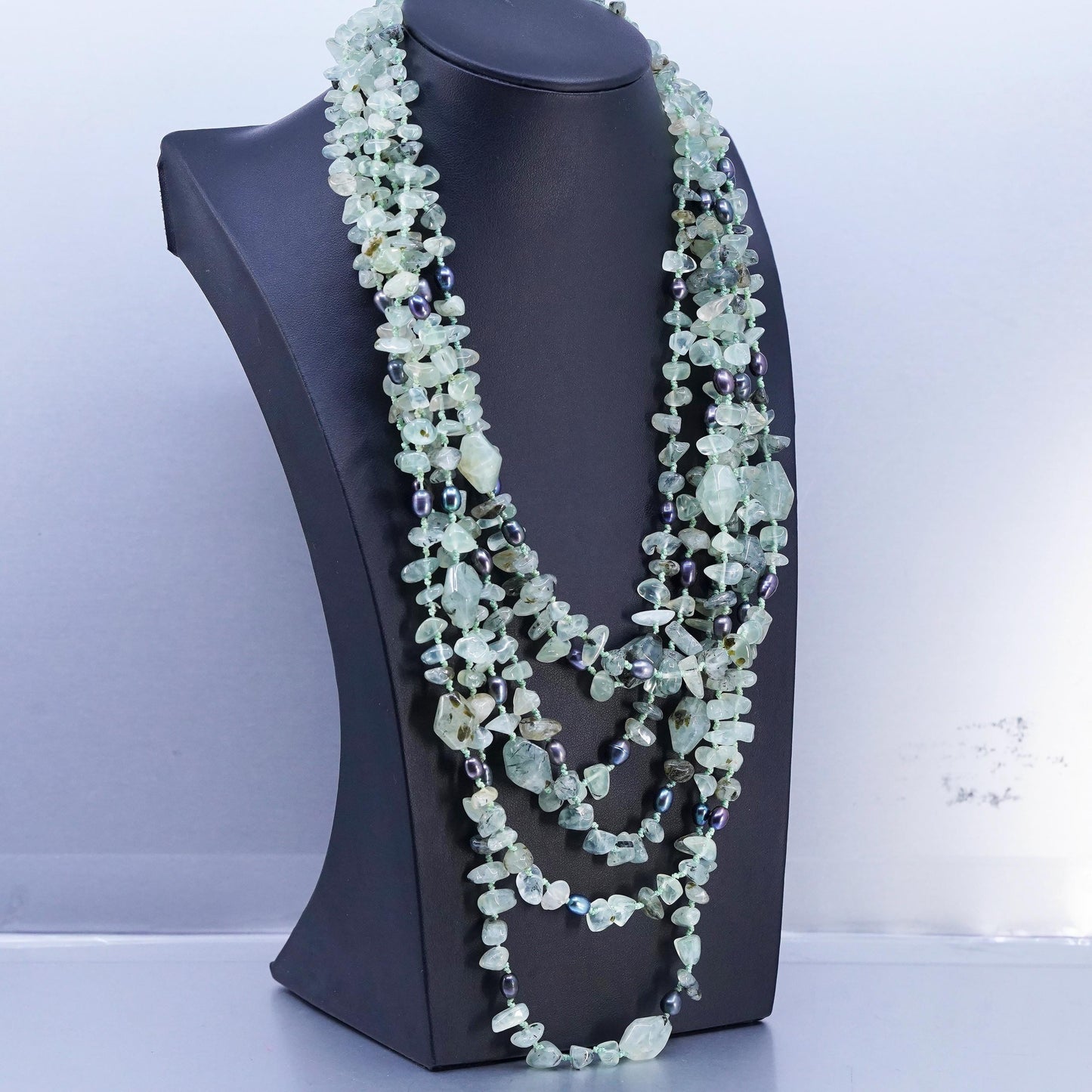 18", vintage multi strands jade bead linen thread necklace black pearl beads