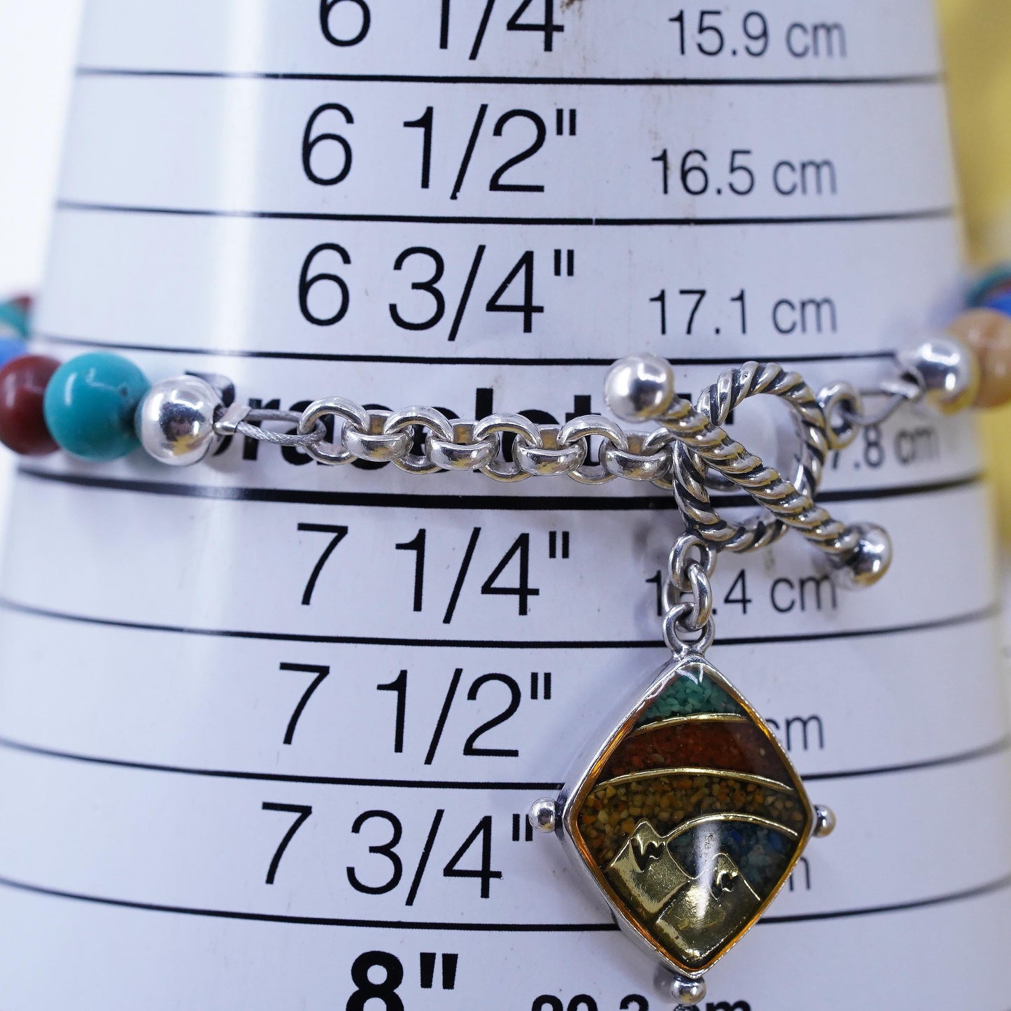 6.5+1", Carolyn Pollack 925 Sterling Silver Beaded Bracelet, Mountain Charm