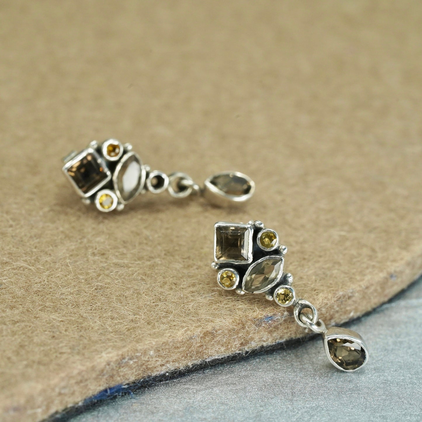 Vintage Sterling 925 silver handmade earrings with teardrop smoky topaz