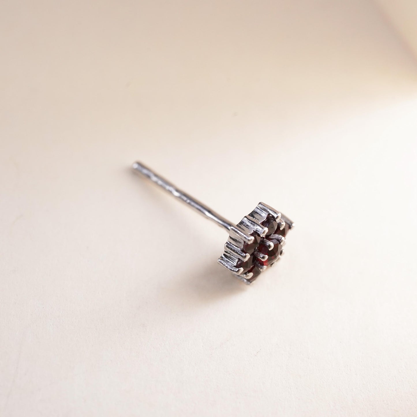 Vintage handmade single earring. Sterling 925 silver stud with Ruby