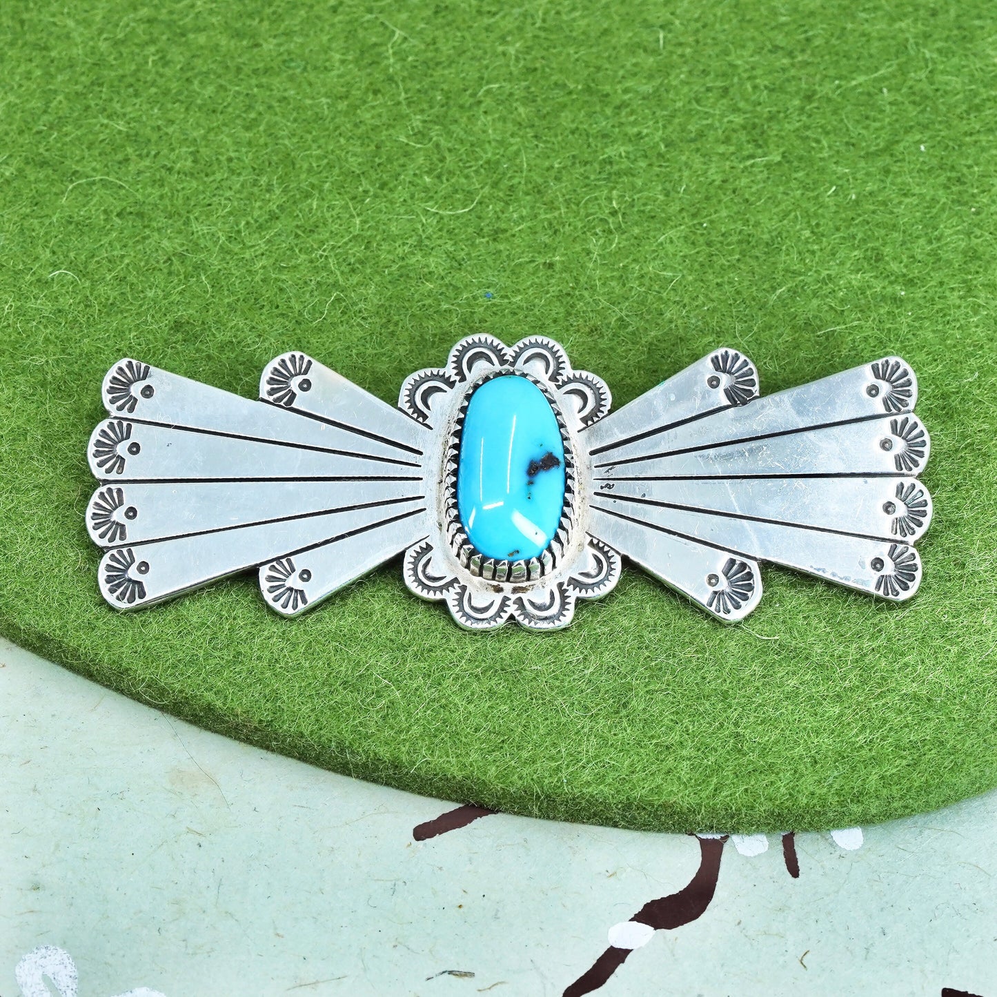 Native American Navajo sterling silver brooch, 925 ribbon bow tie pin turquoise