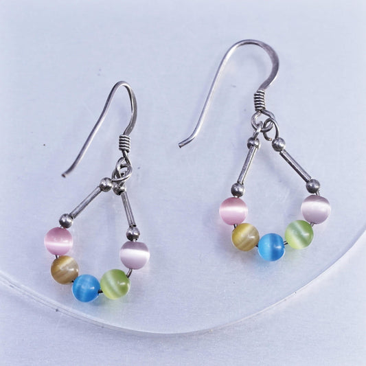 Vintage Sterling 925 silver handmade earrings with multi color cat eye beads