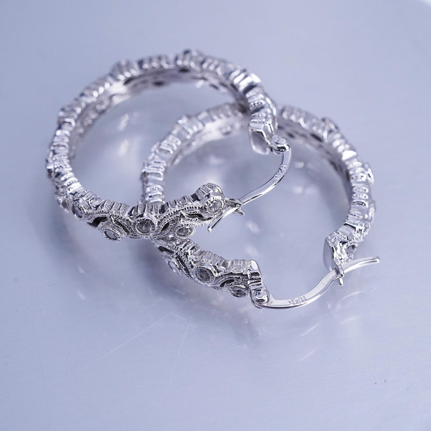 1.25”, vintage Sterling silver handmade earrings, 925 huggie hoops cluster Cz