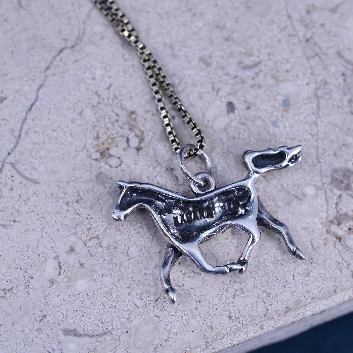 18”, VTG vermeil gold over sterling 925 silver box necklace w/ horse pendant
