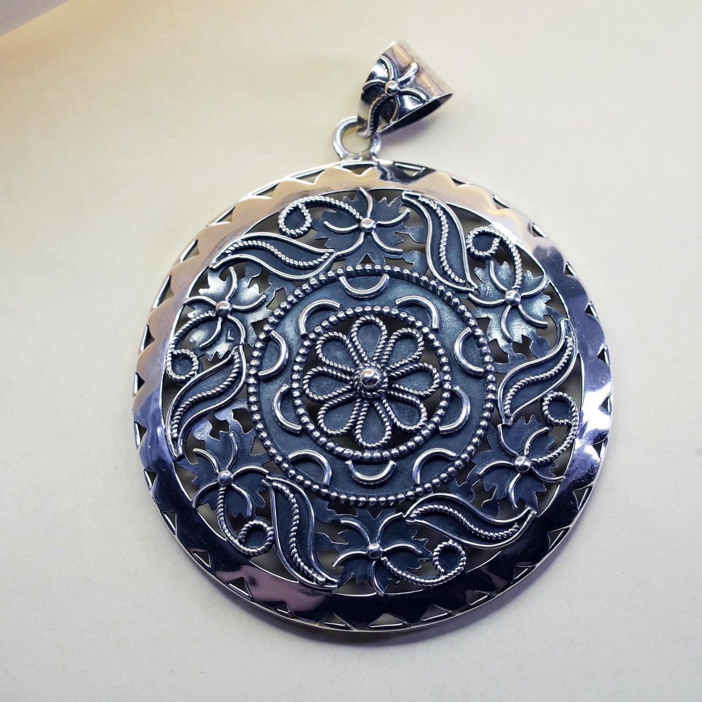 vintage sterling silver handmade huge pendant, 925 filigree floral circle
