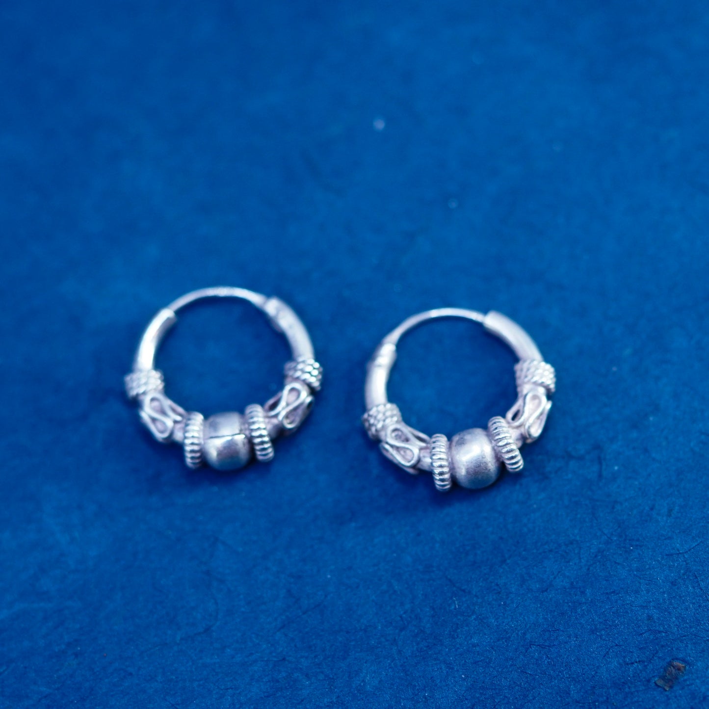 0.75”, vintage Sterling silver handmade earrings, textured 925 hoops, huggie