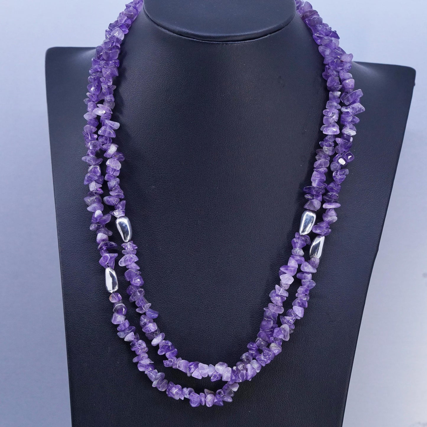 40”, Vintage sterling 925 silver handmade extra long necklace w/ amethyst beads
