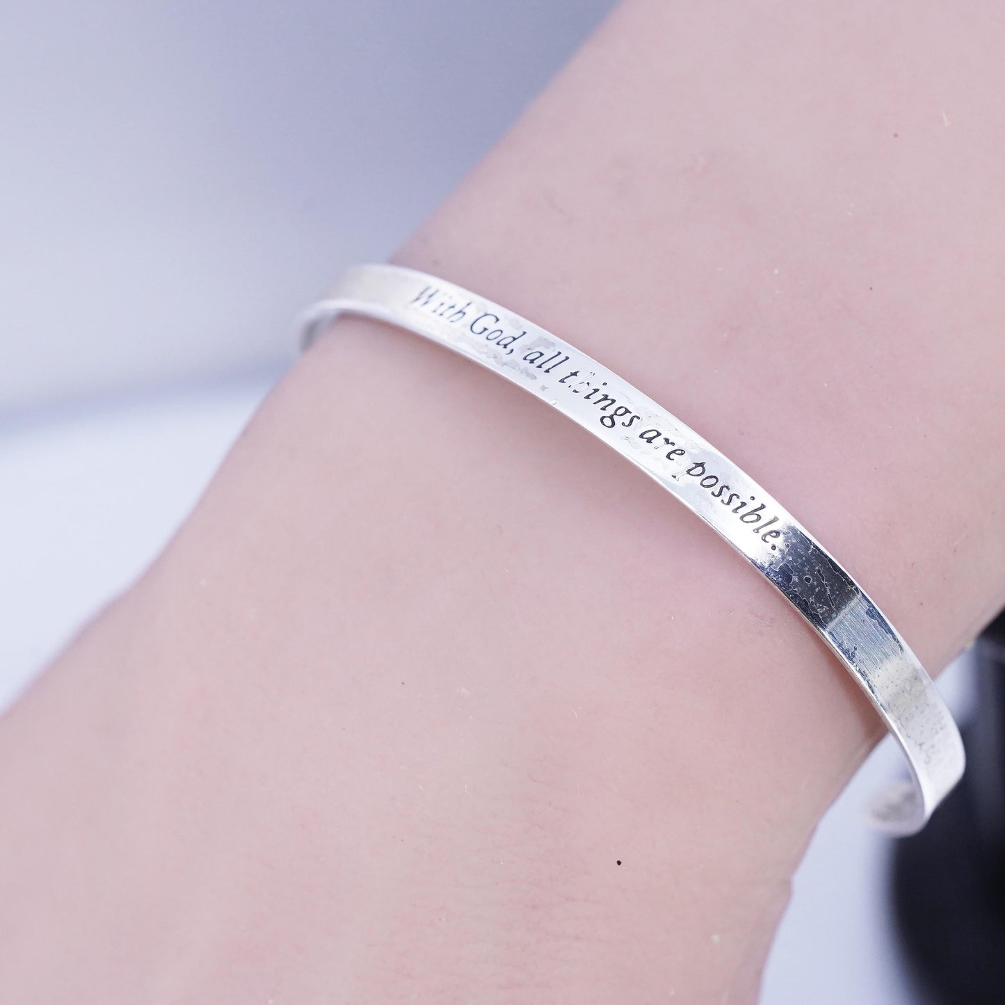 6.5", Sterling 925 silver bracelet, quote cuff god, all things are possible