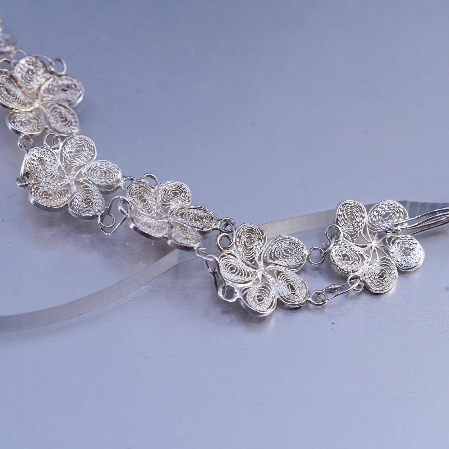 16", Vintage Sterling 925 Silver handmade Necklace Filigree Floral link chain
