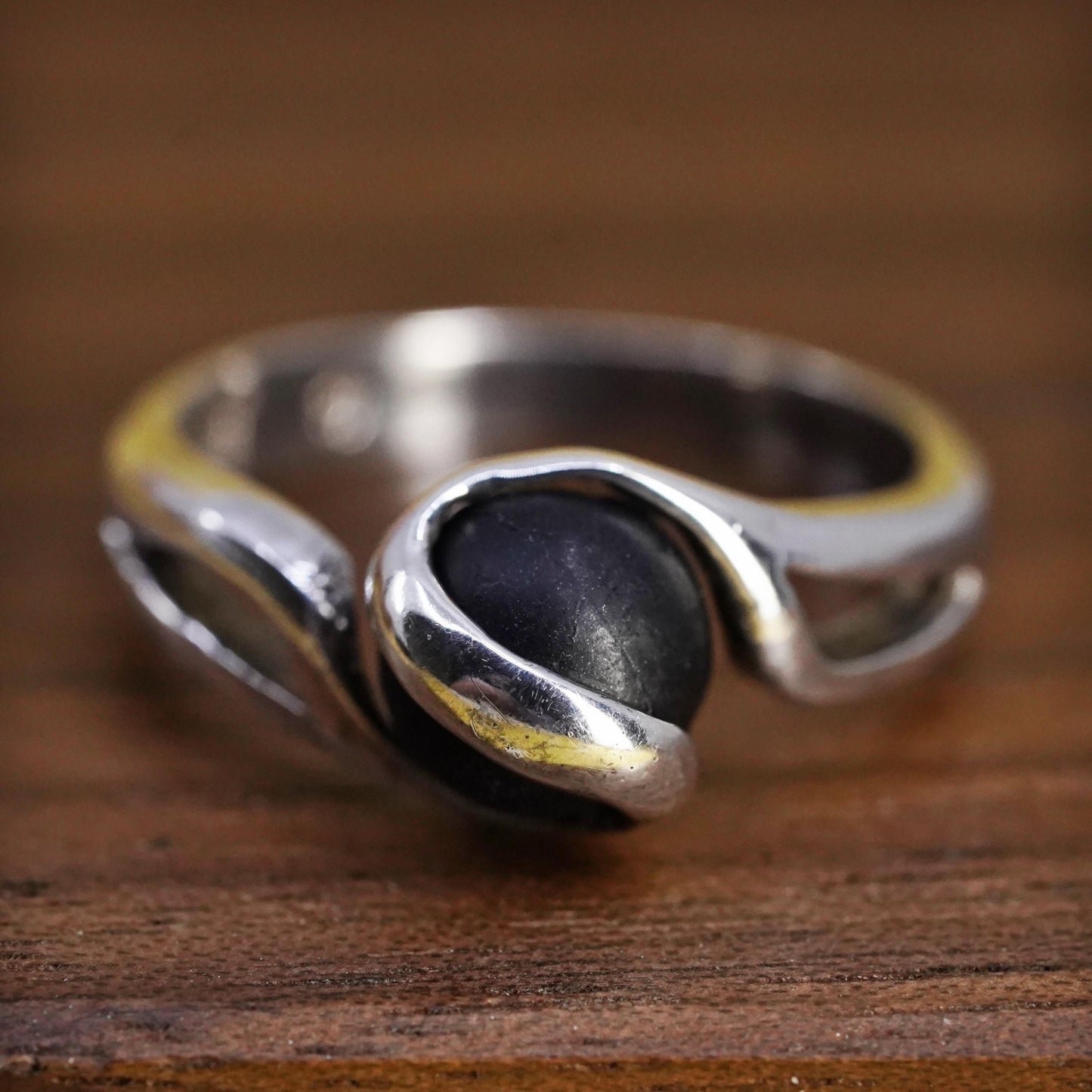 Size 4.5, vintage Sterling 925 silver interchangeable ring with onyx bead