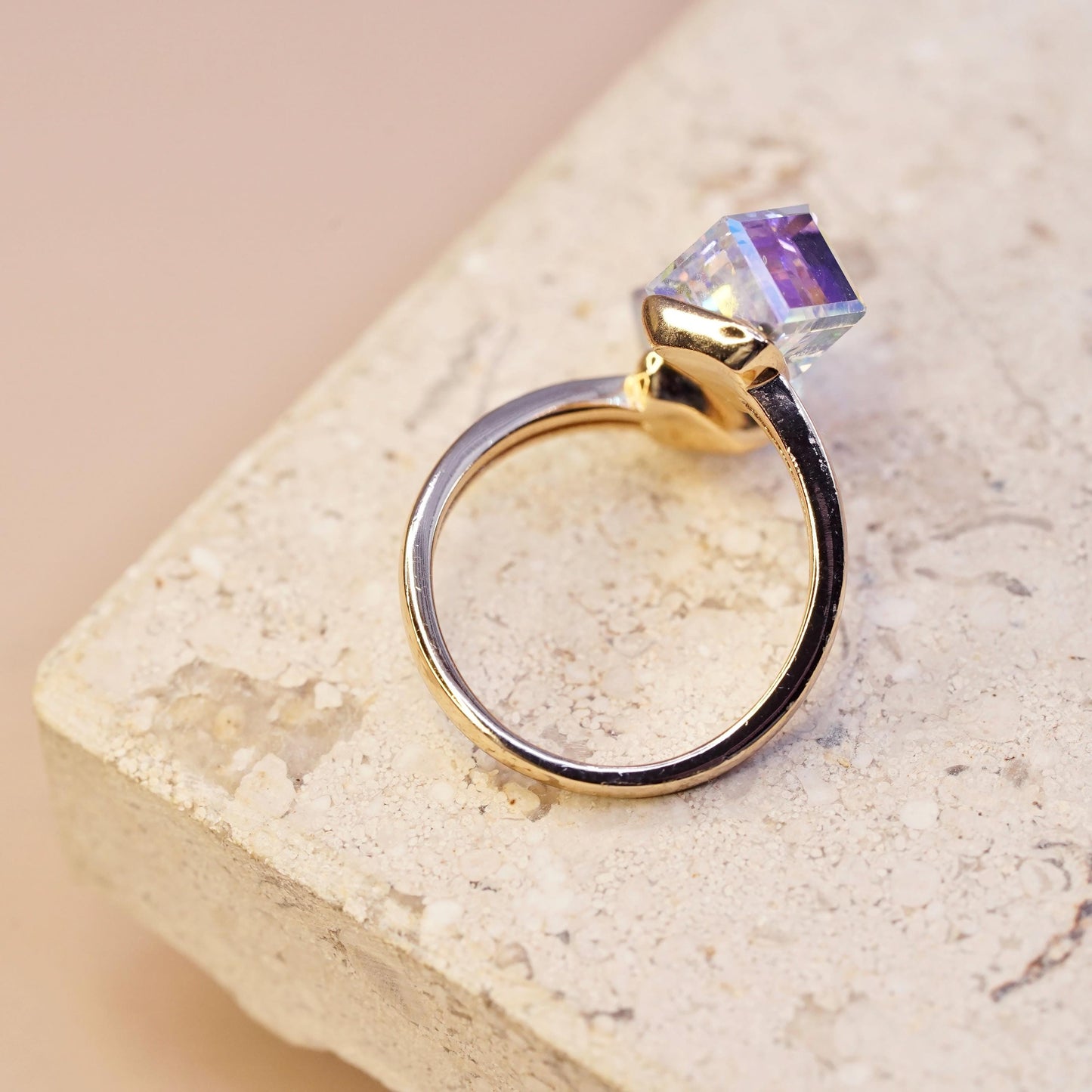 Size adjustable, gold plated sterling 925 silver wrap ring ab crystal cube ends