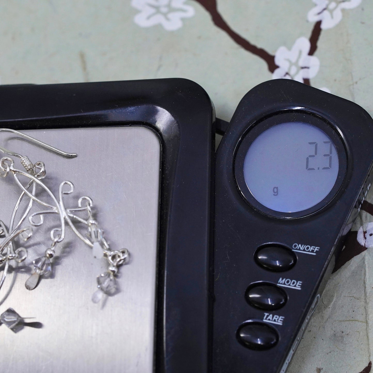 Vintage sterling silver handmade wired floral dangles and crystal, 925 earrings