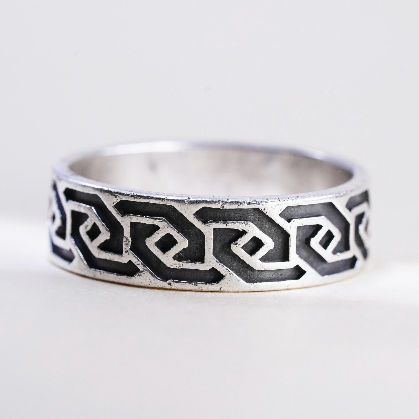 Size 12, Vintage Sterling Silver Signed 925 WJ Waldeck Johnson Tribal Ring Band