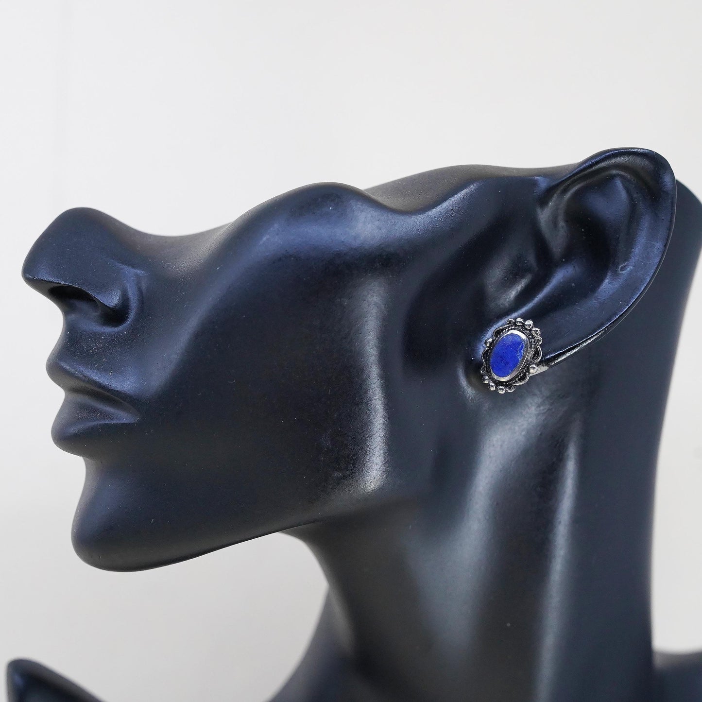 Vintage Sterling silver handmade earrings, 925 studs lapis lazuli and beads