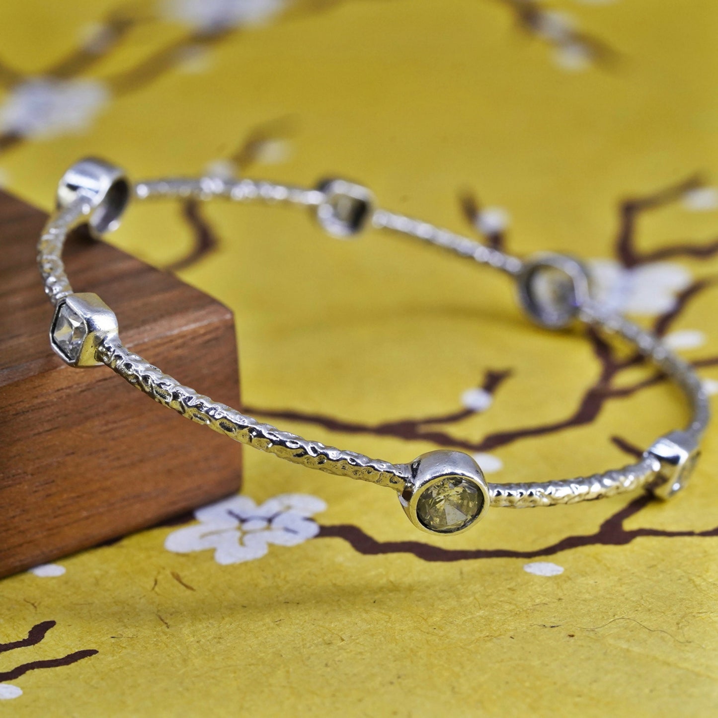 8", Vintage Milor Sterling silver bracelet, textured 925 bangle with sparkly cz