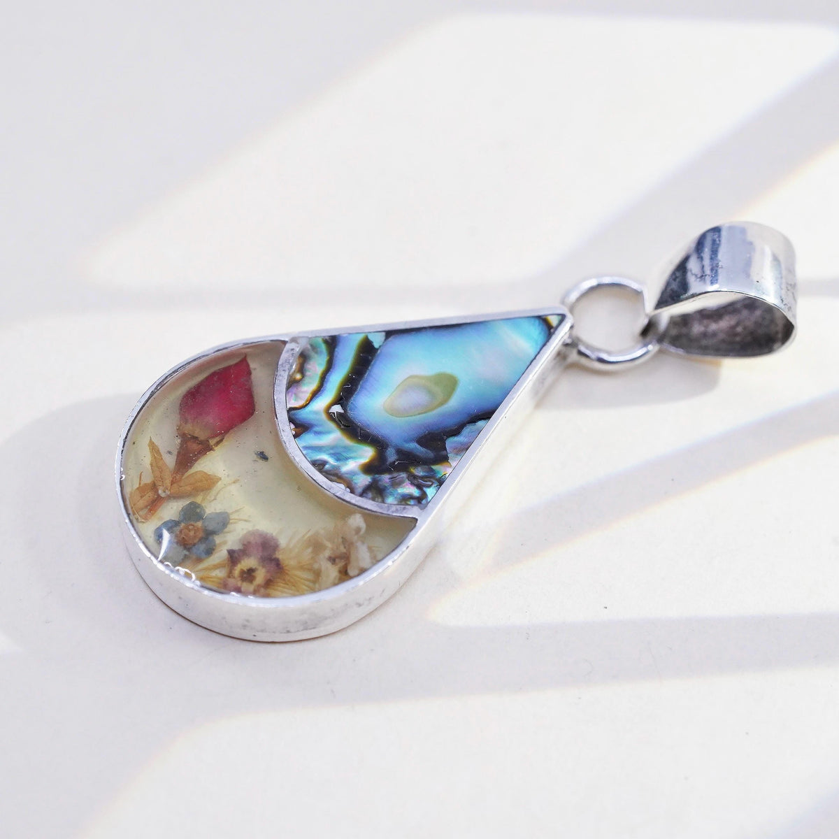 VTG sterling silver handmade pendant, Mexican 925 teardrop abalone floral resin