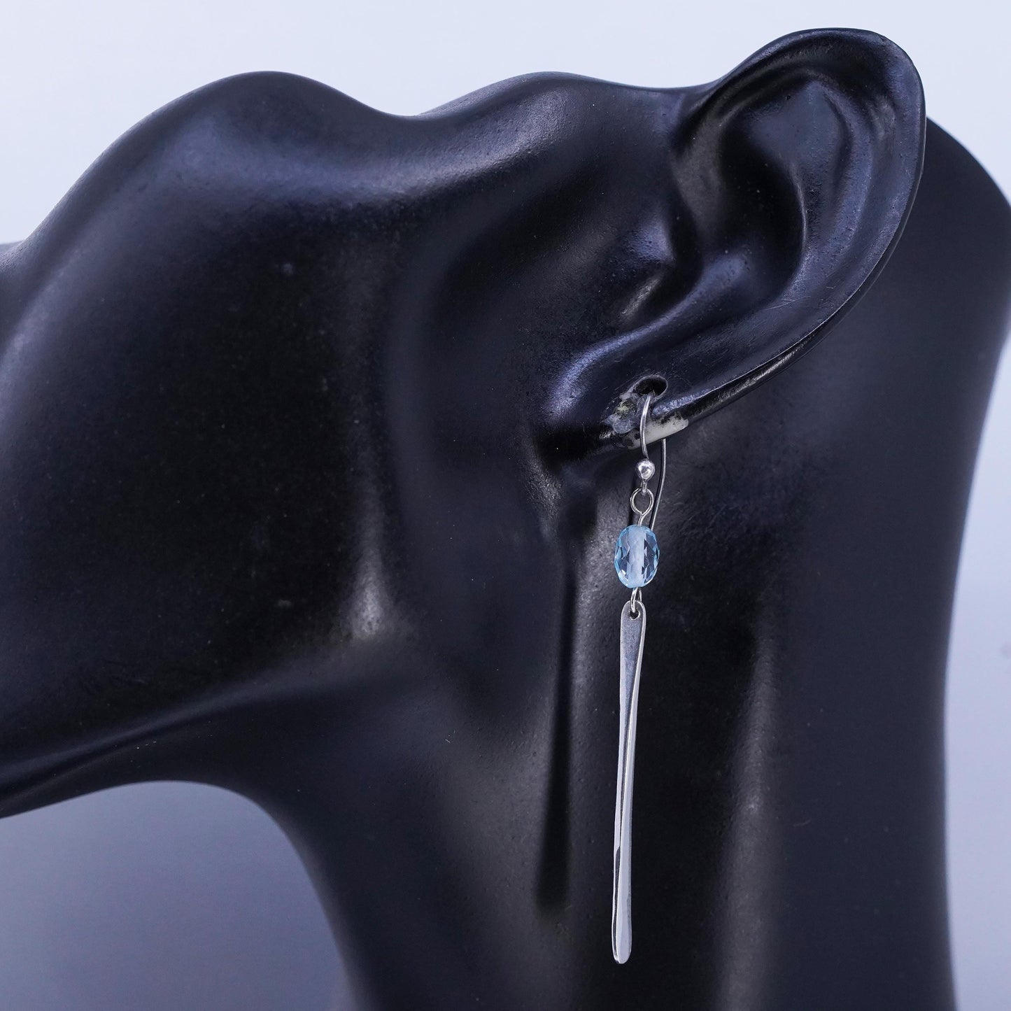 Vintage Sterling 925 silver handmade long dangle earrings with blue crystal