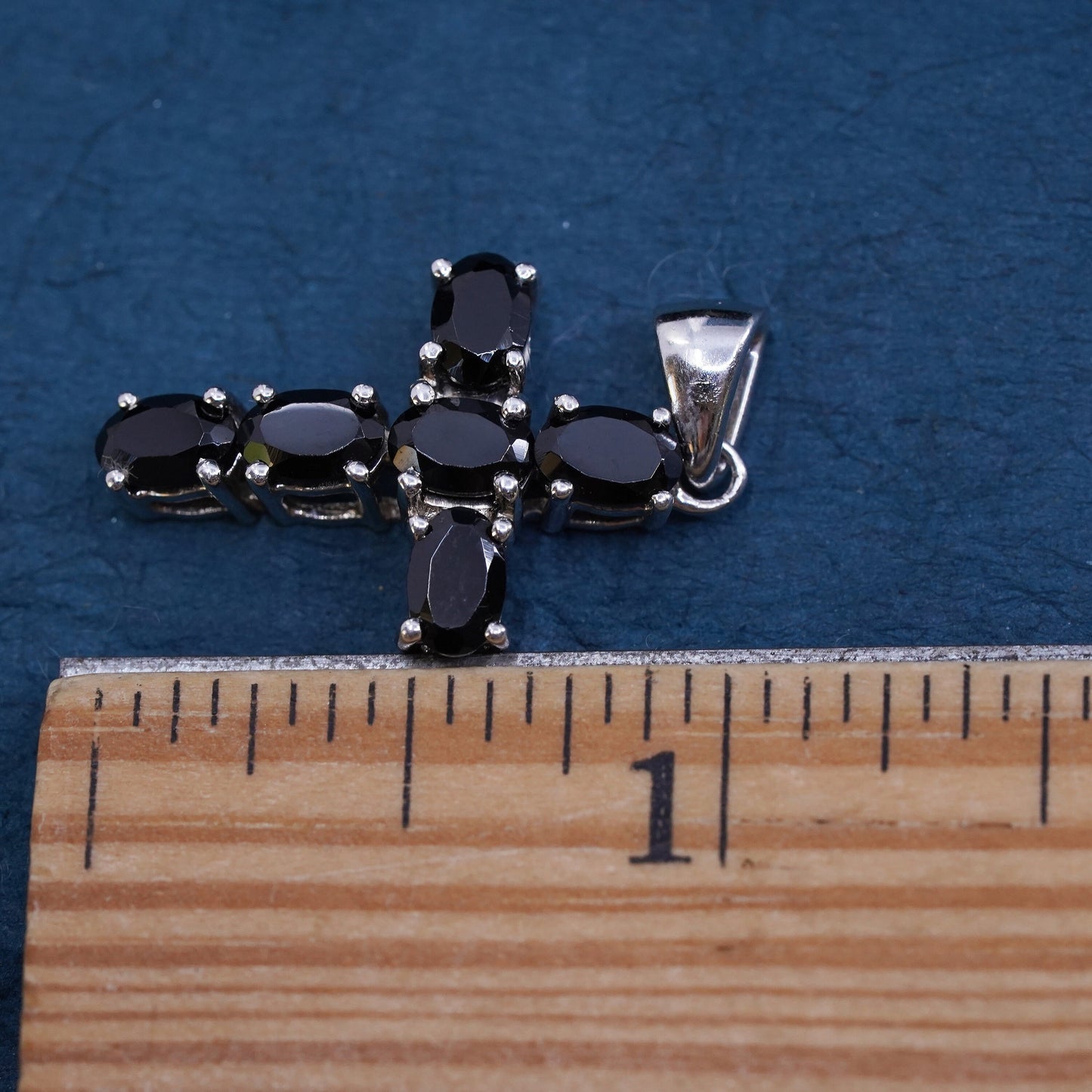Vintage sterling silver handmade pendant, 925 cross with black spinels