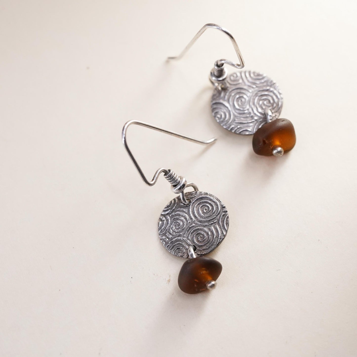 Vintage sterling 925 silver handmade spiral disc earrings with amber bead
