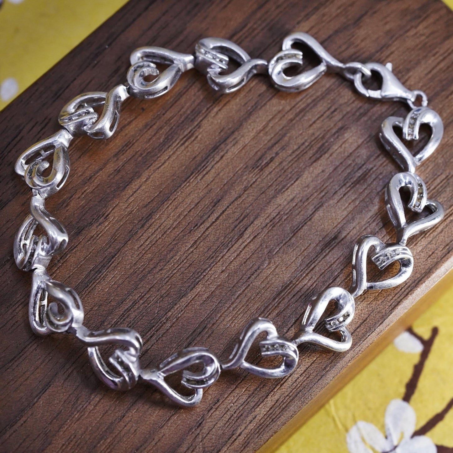 7.5”, vintage Sterling silver tennis bracelet, 925 heart link chain diamonds