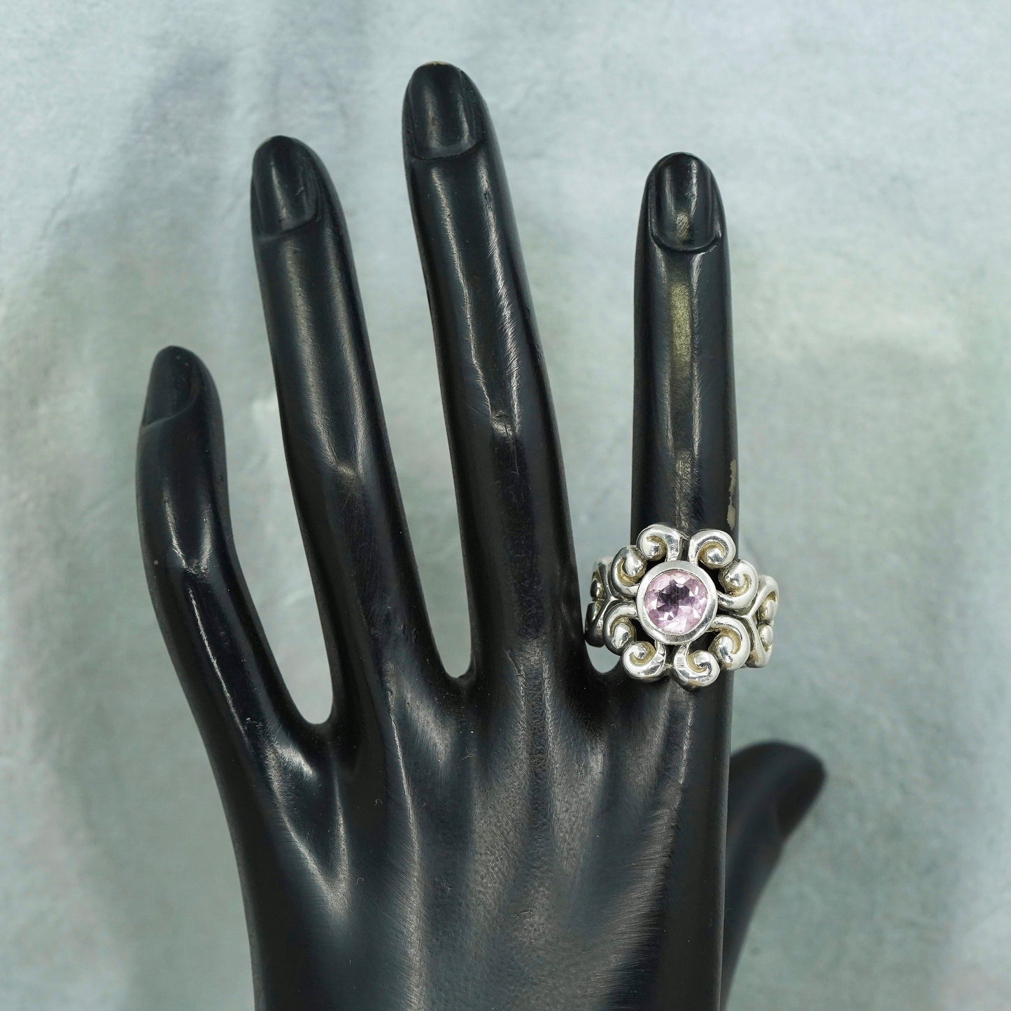 Size 7, VTG Barse Sterling 925 silver ring, filigree swirly band with pink cz
