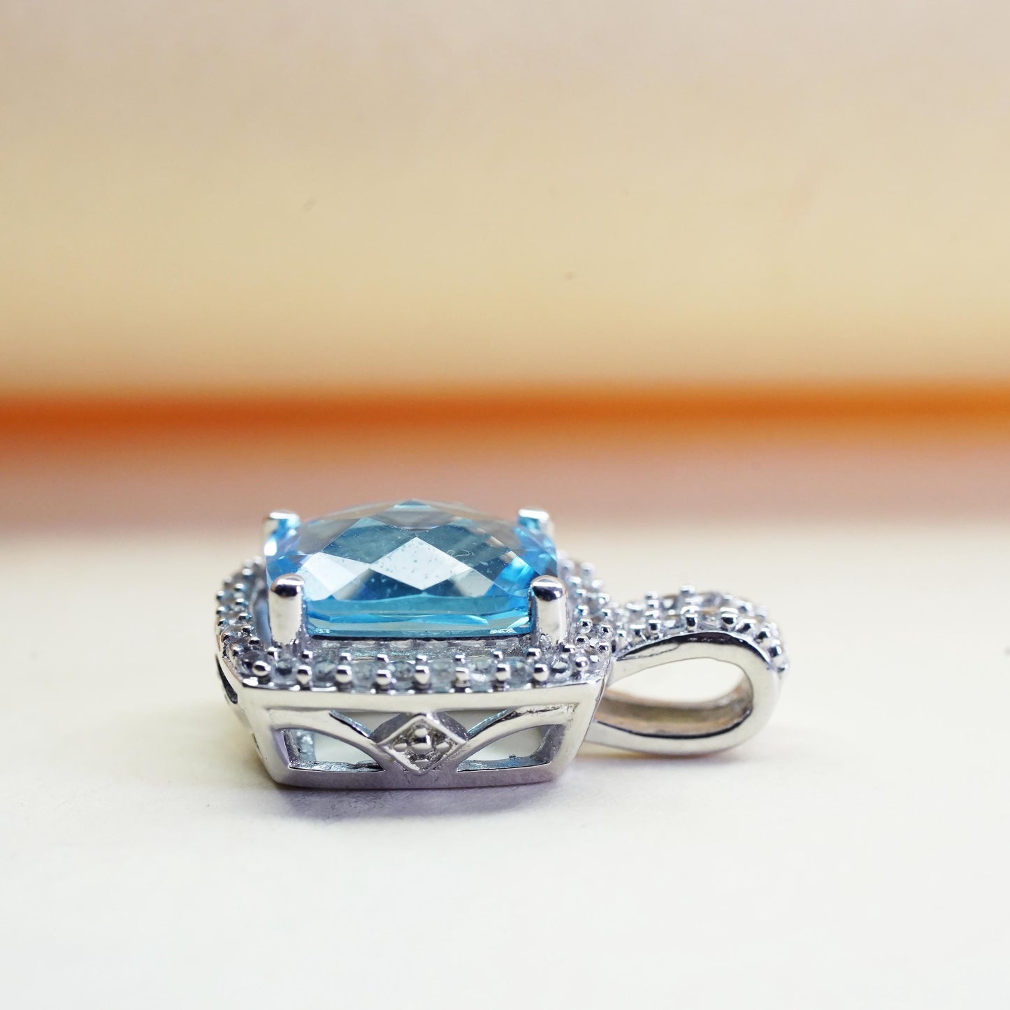 Vintage Sterling 925 silver pendant checkerboard cut blue topaz diamonds