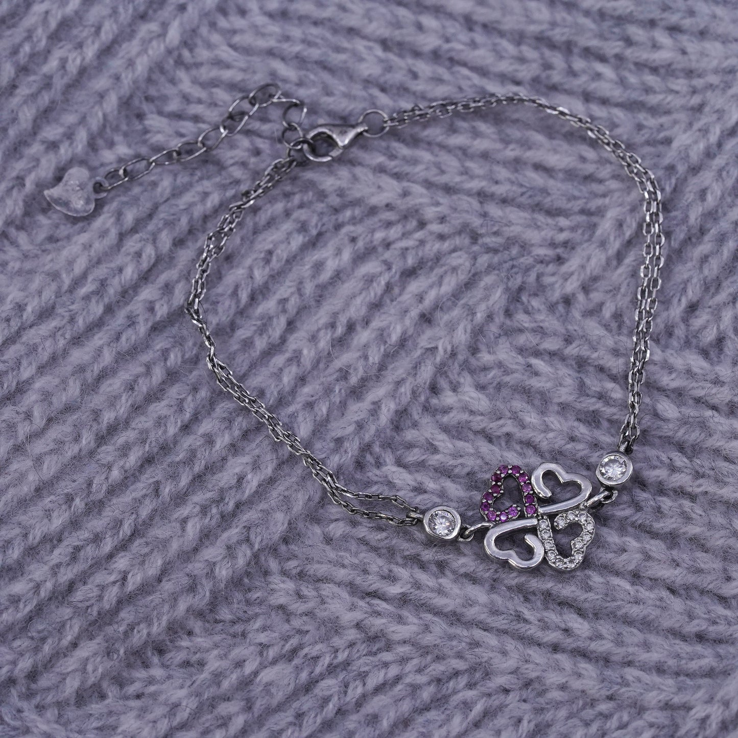 6.5+1", Sterling silver bracelet, multi strands 925 chain clover charm ruby