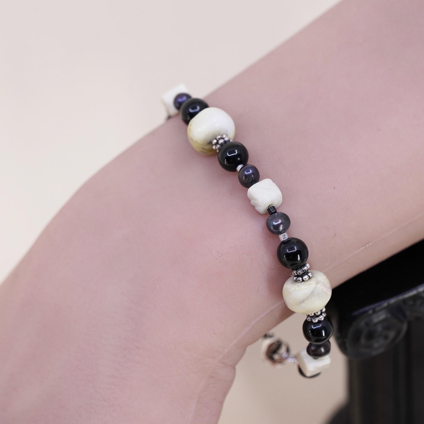 6.5”, Vintage Sterling 925 silver handmade bracelet with onyx Jasper beads