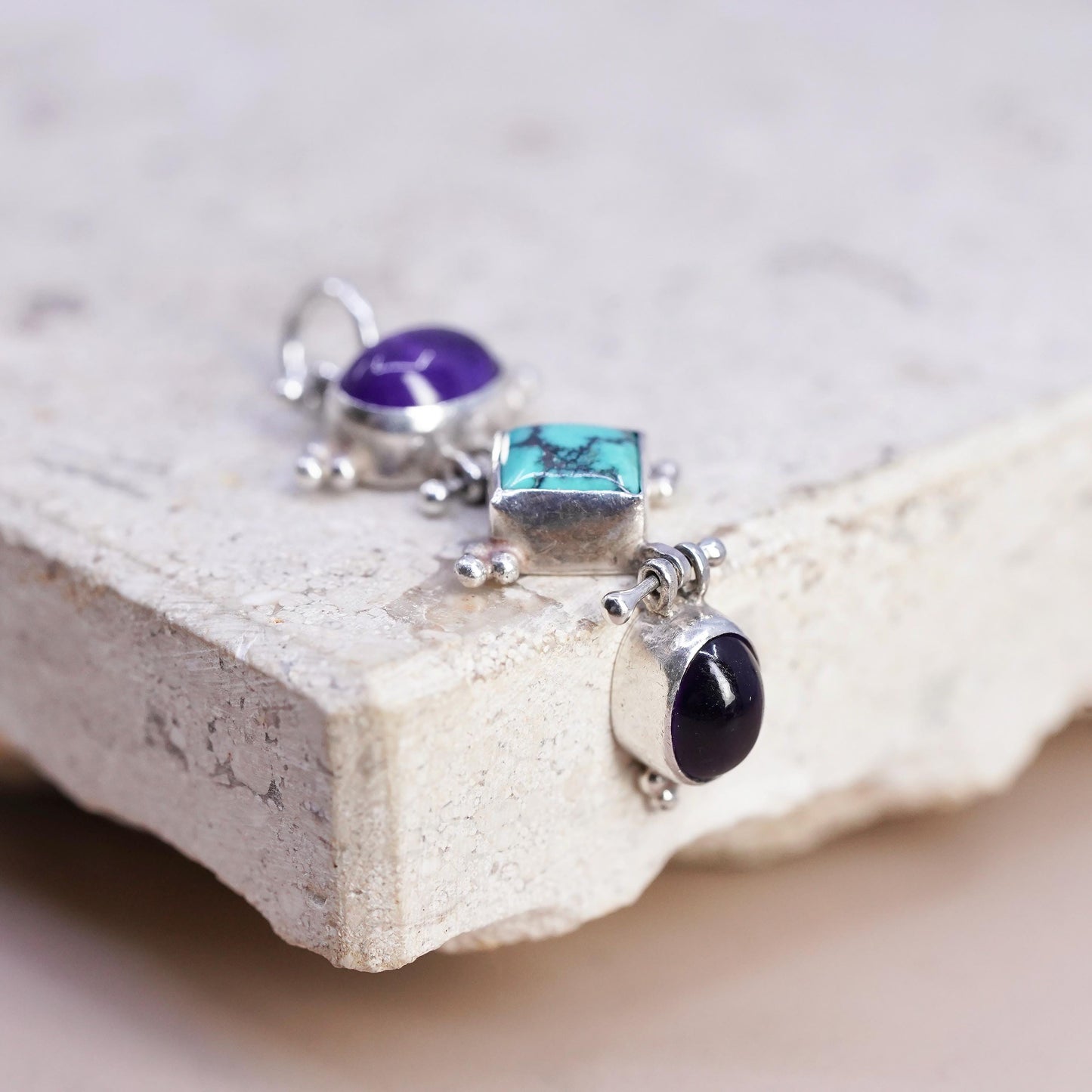 Vintage Sterling silver handmade pendant, 925 turquoise amethyst charm
