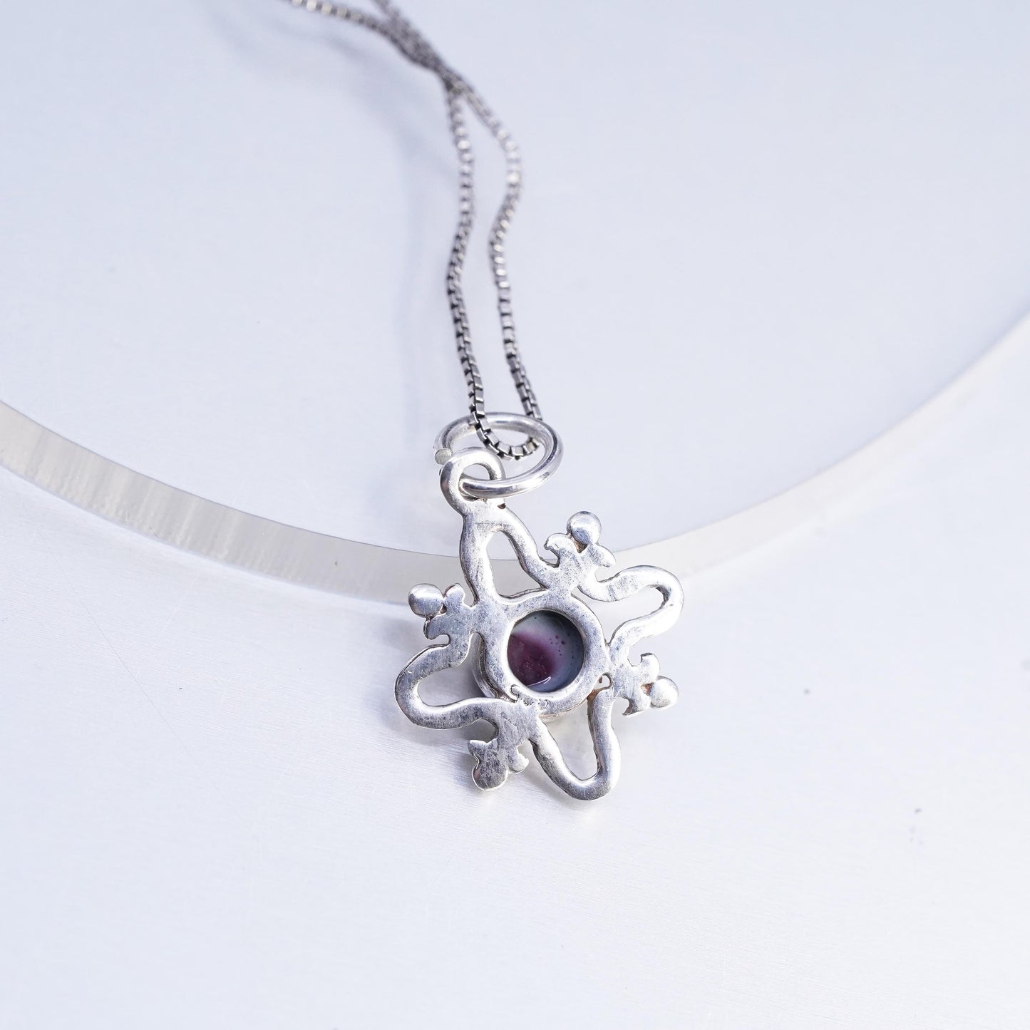 18", Vintage sterling 925 Silver box chain necklace with garnet pendant