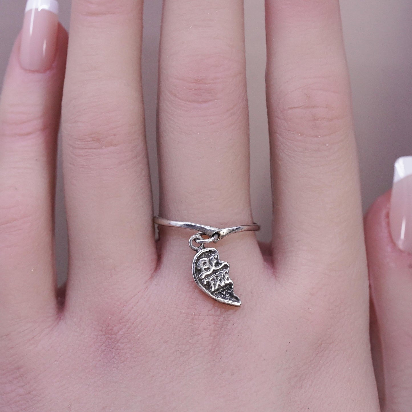 Size 7.25, Shube Sterling silver best friends BFF ring, 925 half heart charm