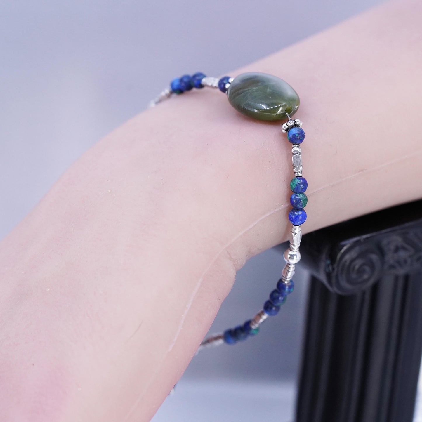 7.75", Vintage Sterling 925 Silver Handmade ammonite Bead Bracelet Jade charm