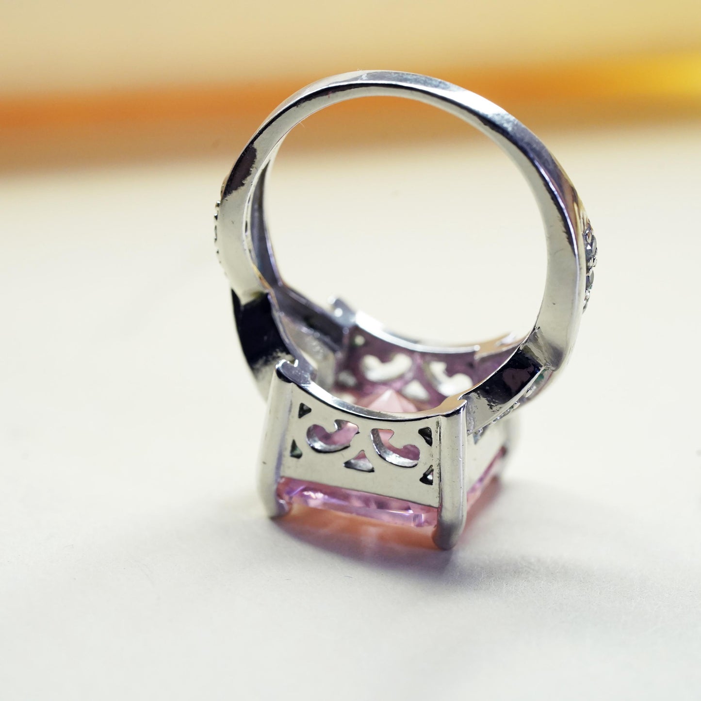 Size 8.25, Vintage Sterling 925 silver ring with square pink Quartz clear cz