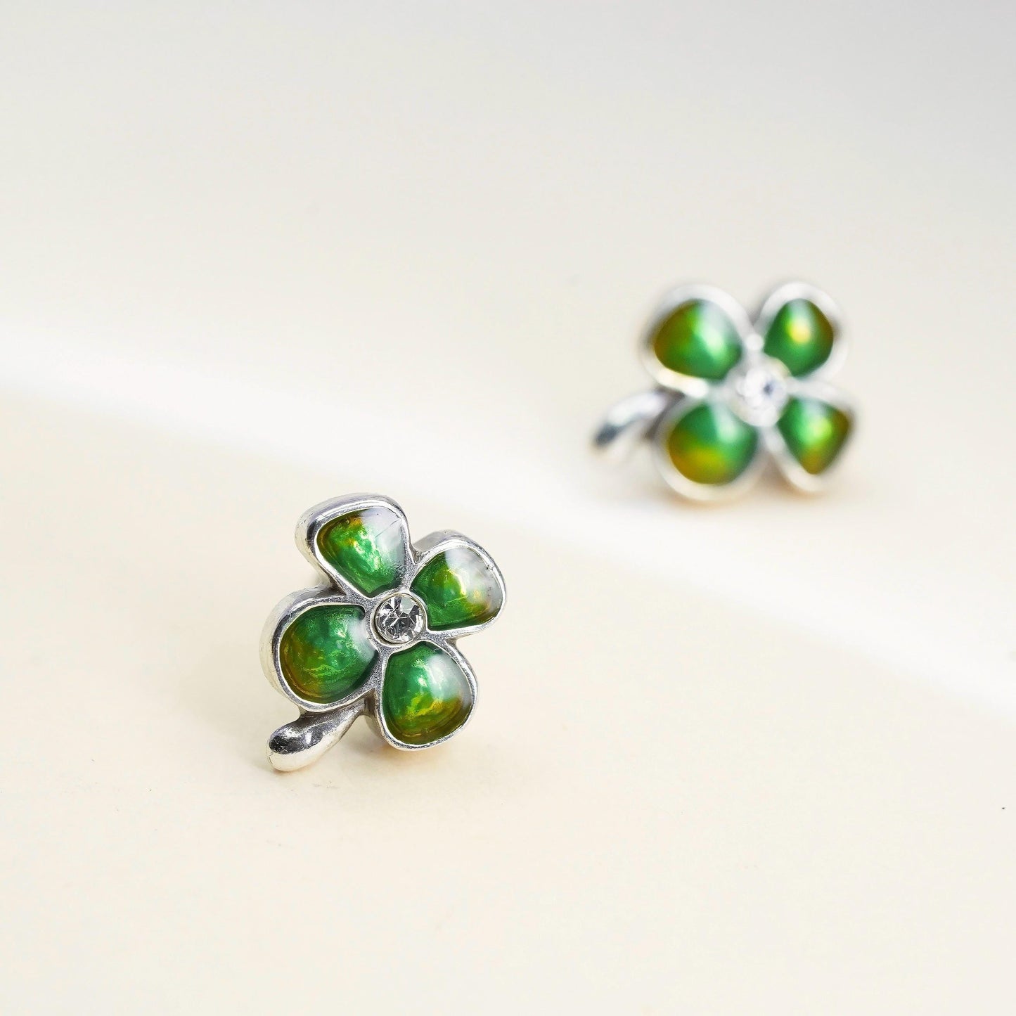 Vintage Sterling silver handmade earrings, 925 enamel lucky clover studs w/ cz