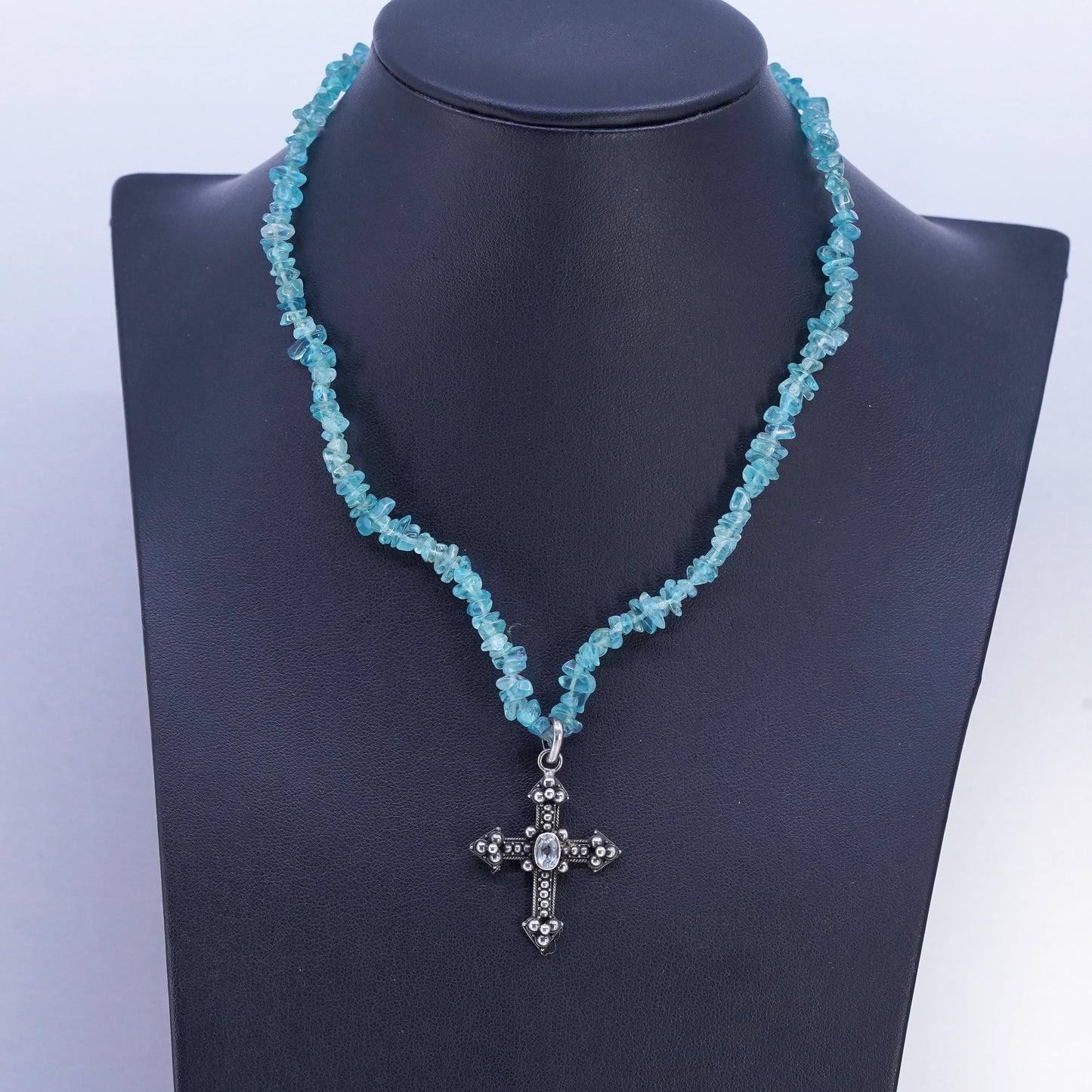 16", Sterling 925 silver necklace with nugget apatite beads and cross pendant