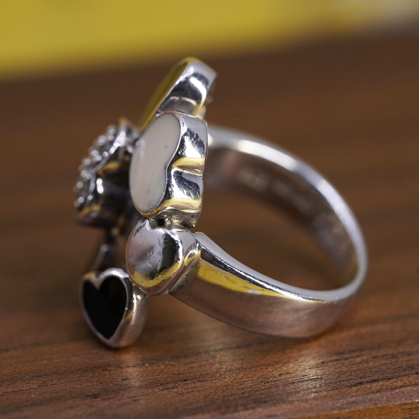 Size 6.25, Folli Follie 925 Sterling Silver 925 cluster heart ring onyx and cz
