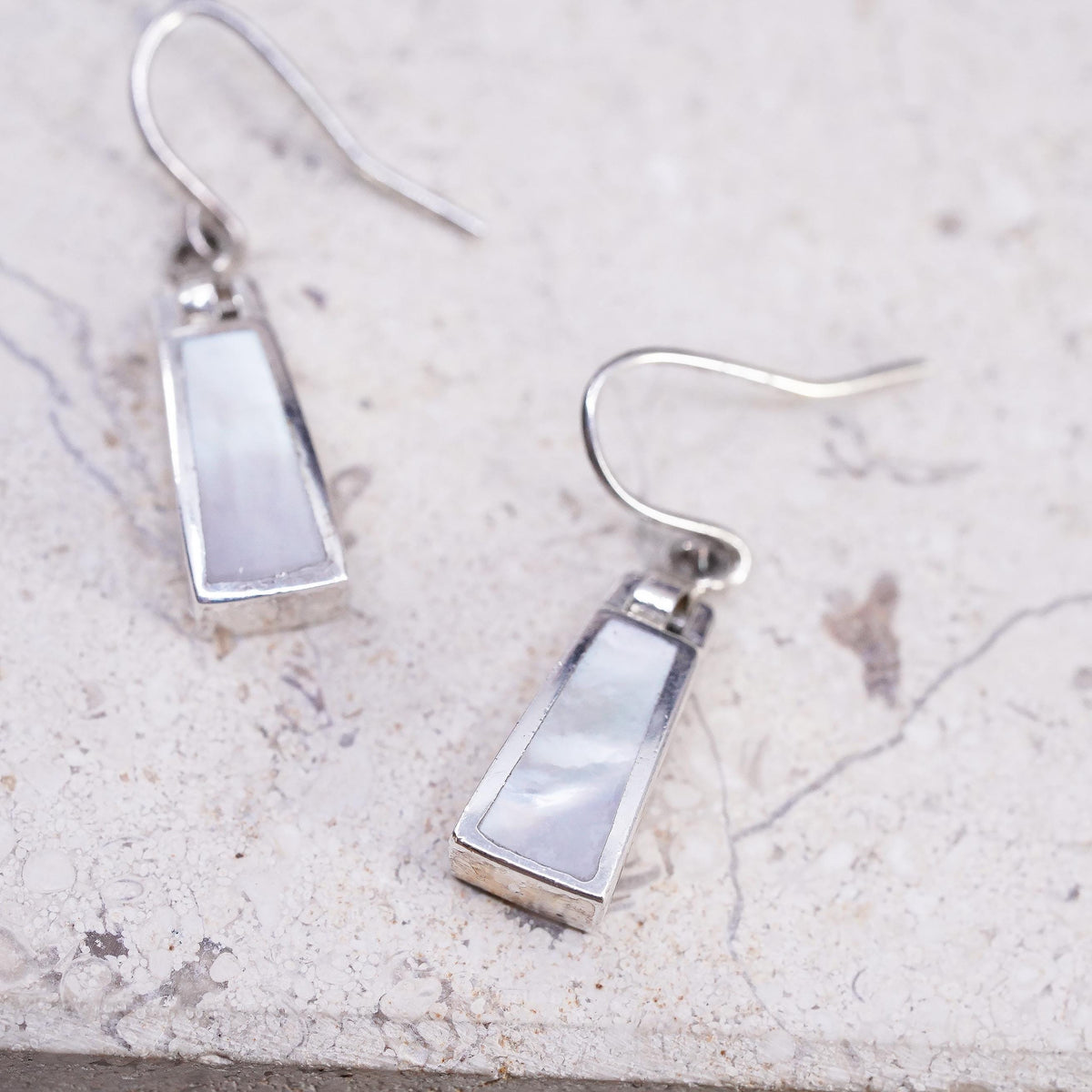 Vintage sterling silver handmade earrings, 925 drops with mother of pearl inlay