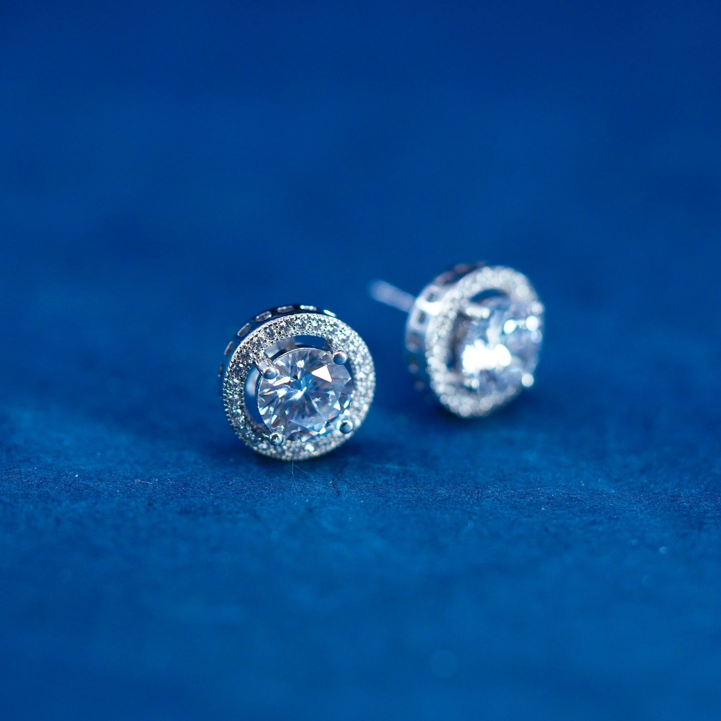 Vintage sterling silver handmade earrings, 925 round studs with CZ inlay
