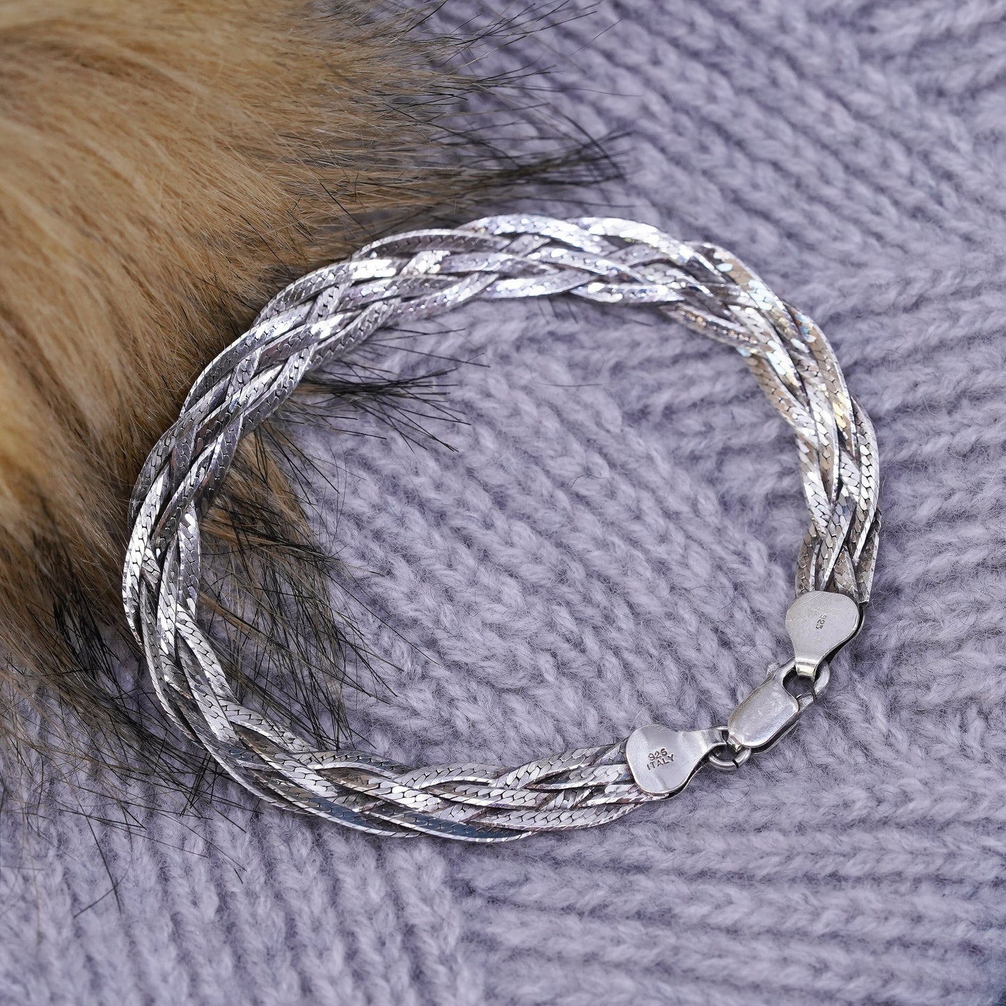 7", 8mm, vintage Sterling silver bracelet, textured 925 herringbone woven chain