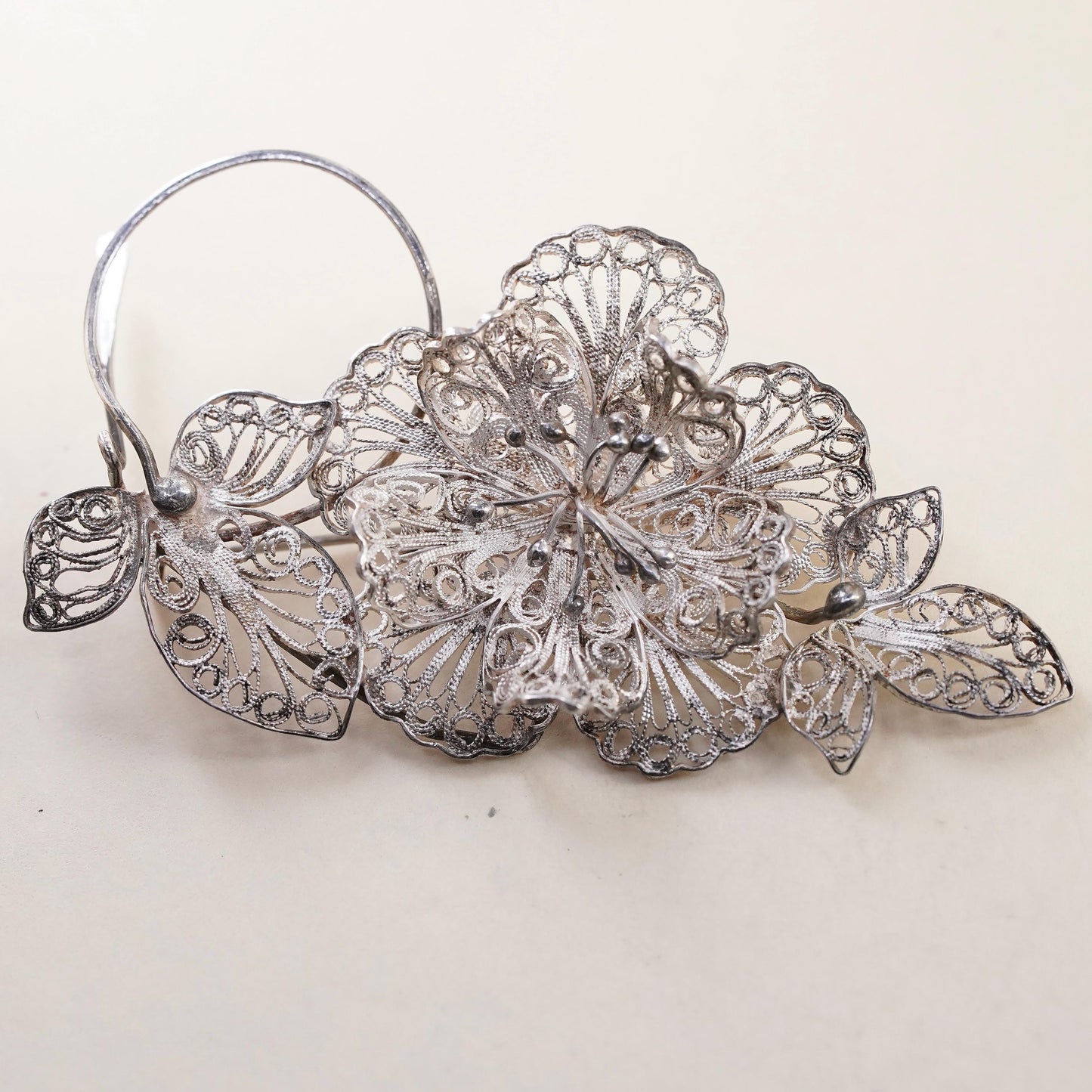 Vintage TOM Sterling silver handmade brooch, 925 filigree flower pin