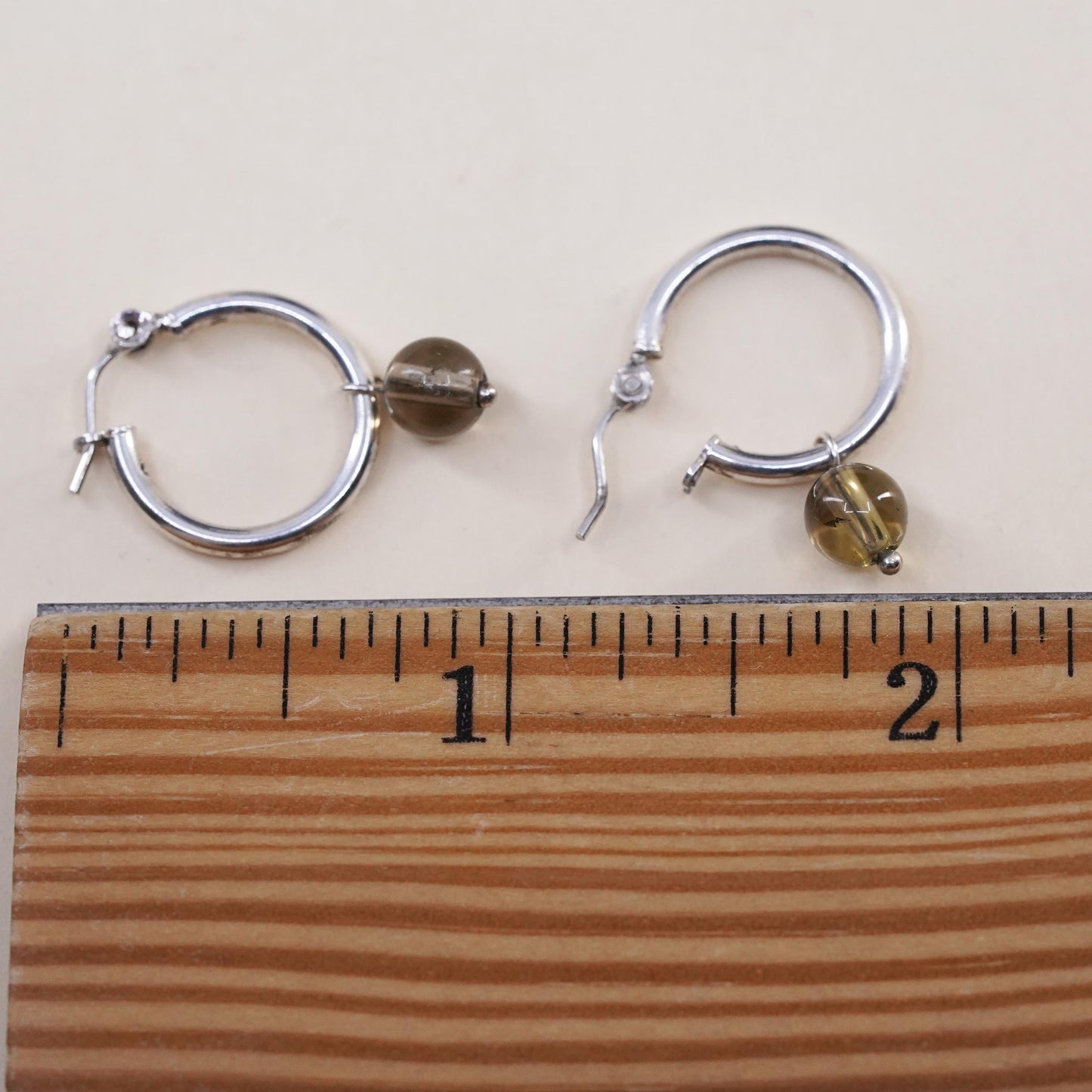 0.5”, VTG sterling 925 silver loop handmade earrings, smoky quartz bead hoops