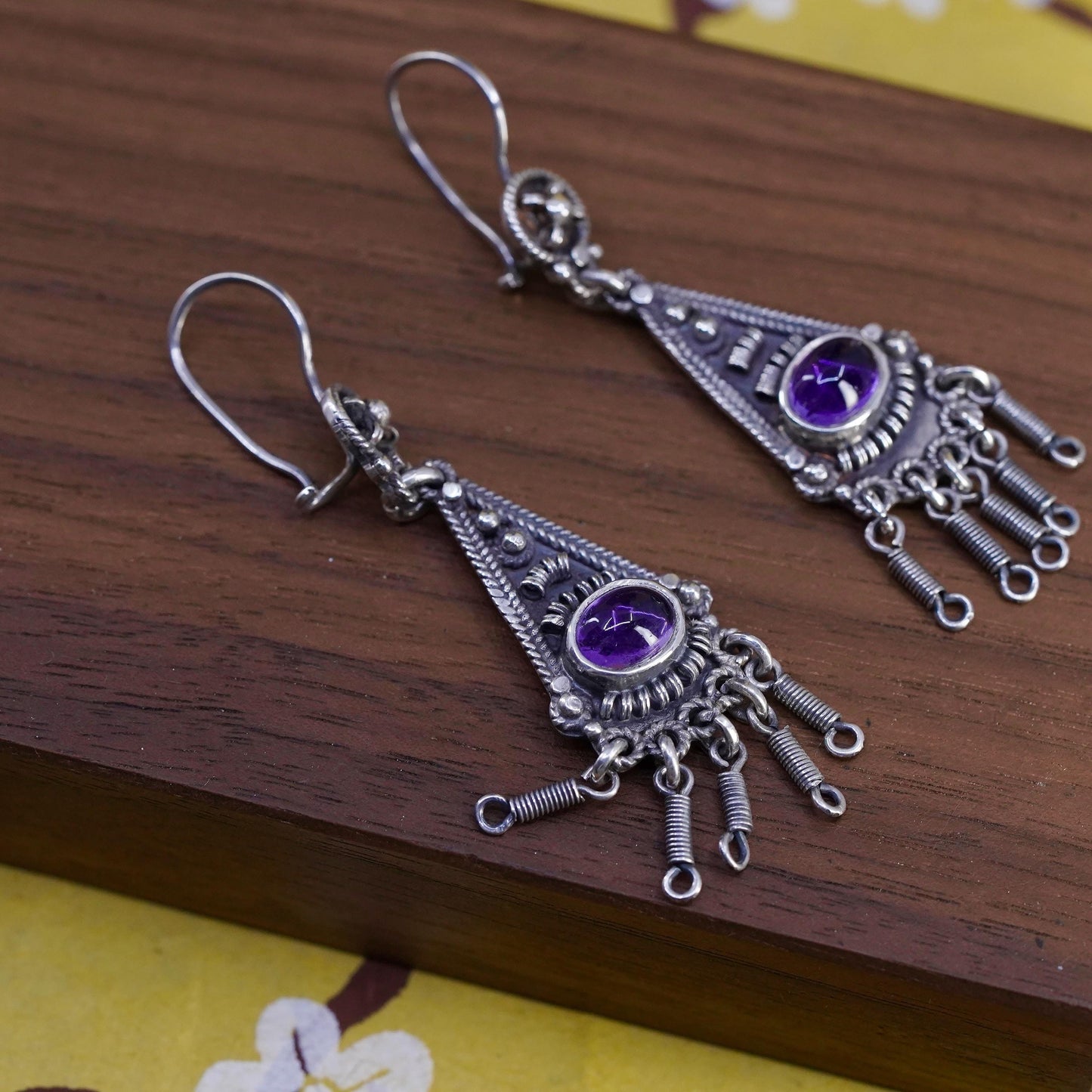 southwestern Sterling 925 Silver wired Earrings amethyst. Ethnic Tribal Jewelry