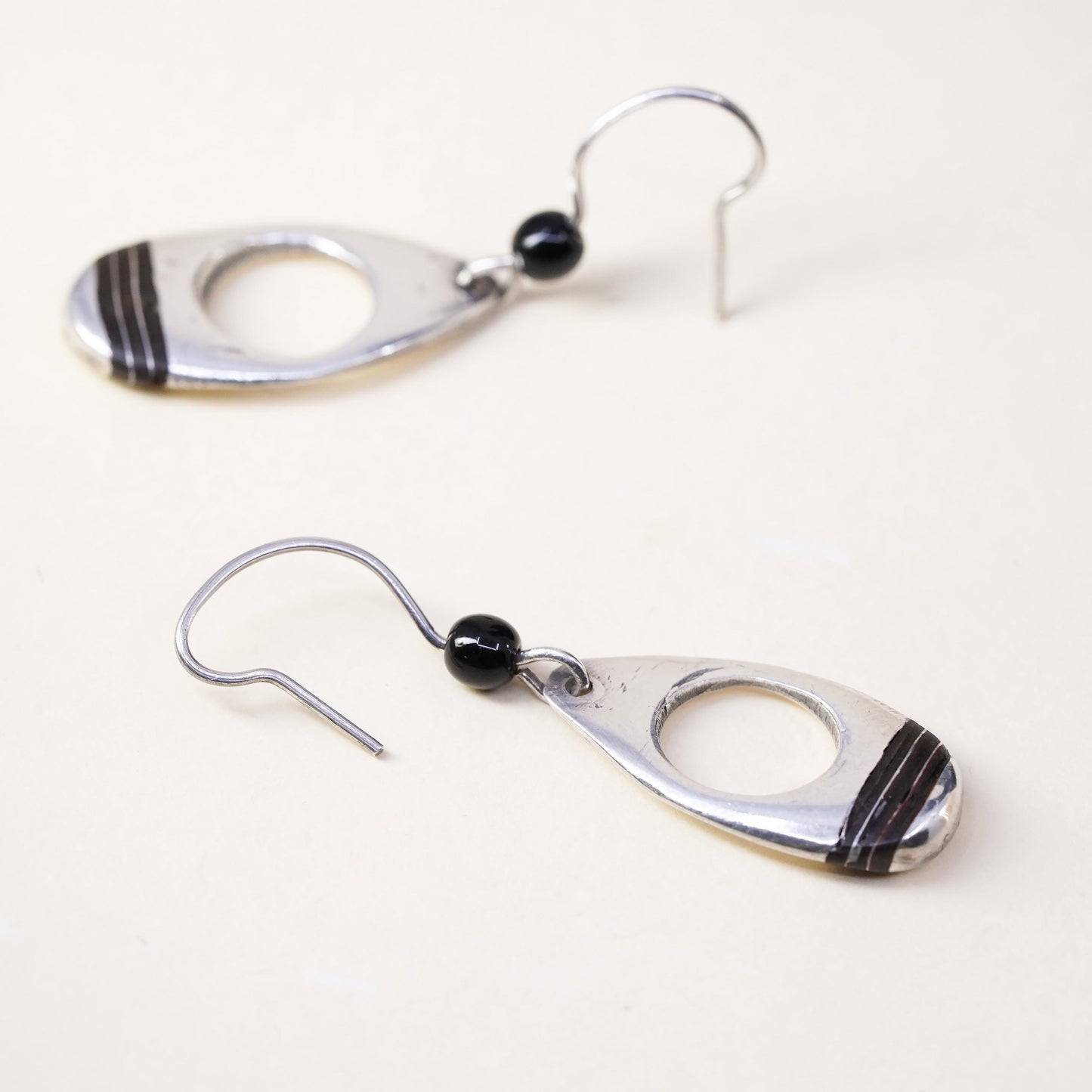Vintage Southwestern Sterling silver handmade earrings, 925 oval dangles enamel
