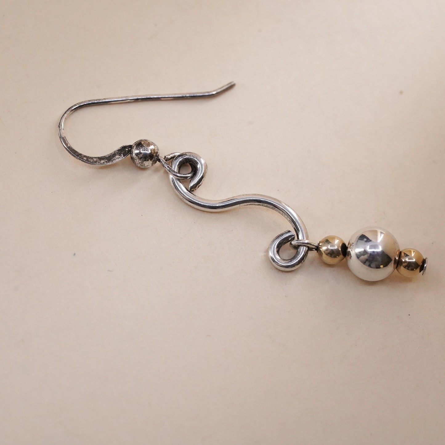 Vintage two tone sterling silver handmade single earring 14K yellow gold beads
