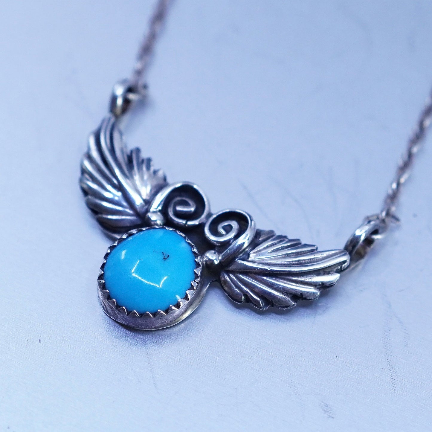 19”, native American Sterling 925 silver necklace turquoise feathery pendant