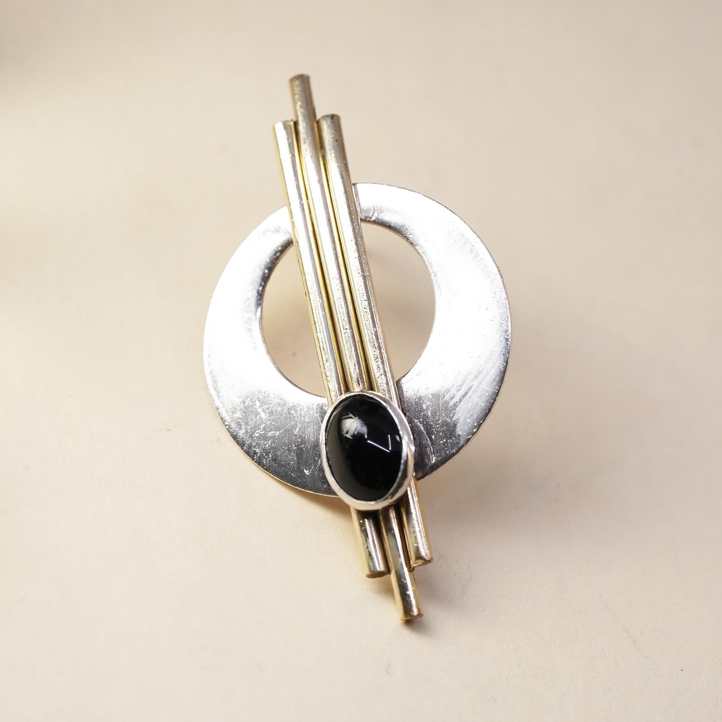 PJP gold filled two tone sterling silver single earring, modern 925 disc onyx