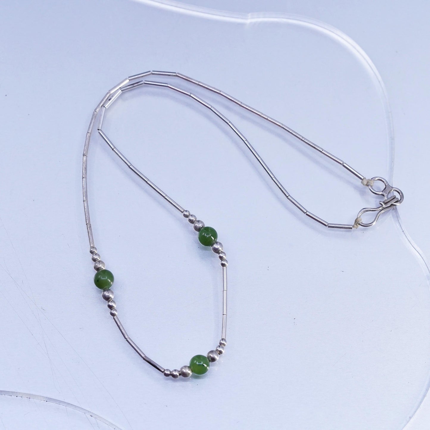 14", Native American Sterling 925 liquid silver handmade necklace jade beads